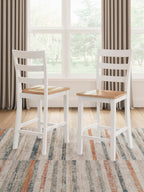 Two white barstools with slatted back and wooden seats, standing side by side