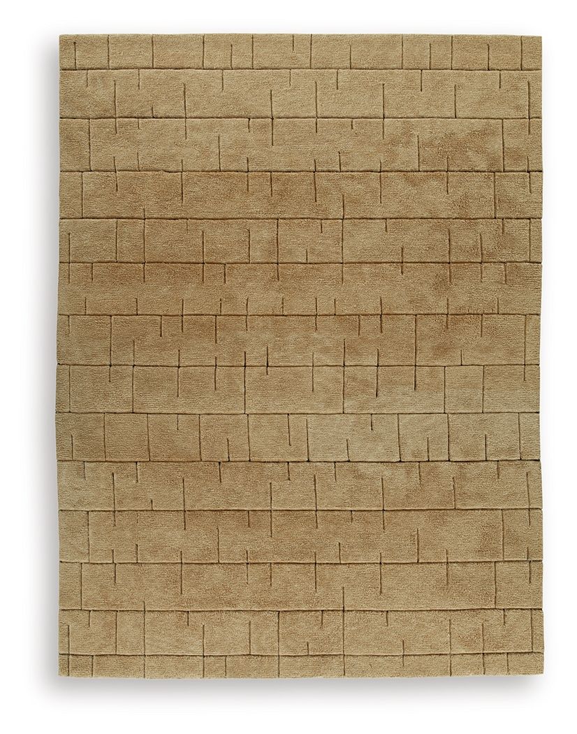 Luzmont rug, light brown abstract block pattern with small stitched grid
