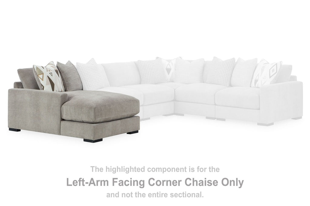 Left-arm facing corner chaise in pebble gray fabric with pillows