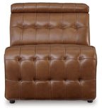Chocolate brown armless chair with manual headrest, button-tufted cushion panels
