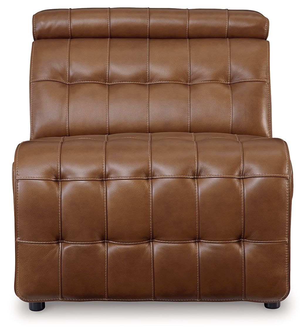 Chocolate brown armless chair with manual headrest, button-tufted cushion panels