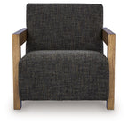 Charcoal upholstered accent chair with tall back, armrests, and wooden legs