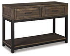 Sofa table with two drawers and lower open shelf in grayish-brown finish