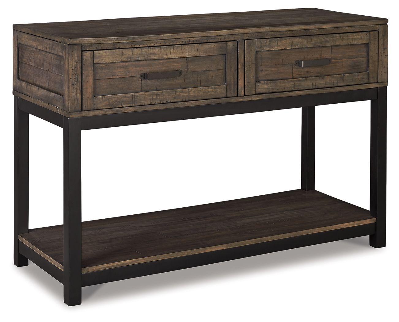 Sofa table with two drawers and lower open shelf in grayish-brown finish