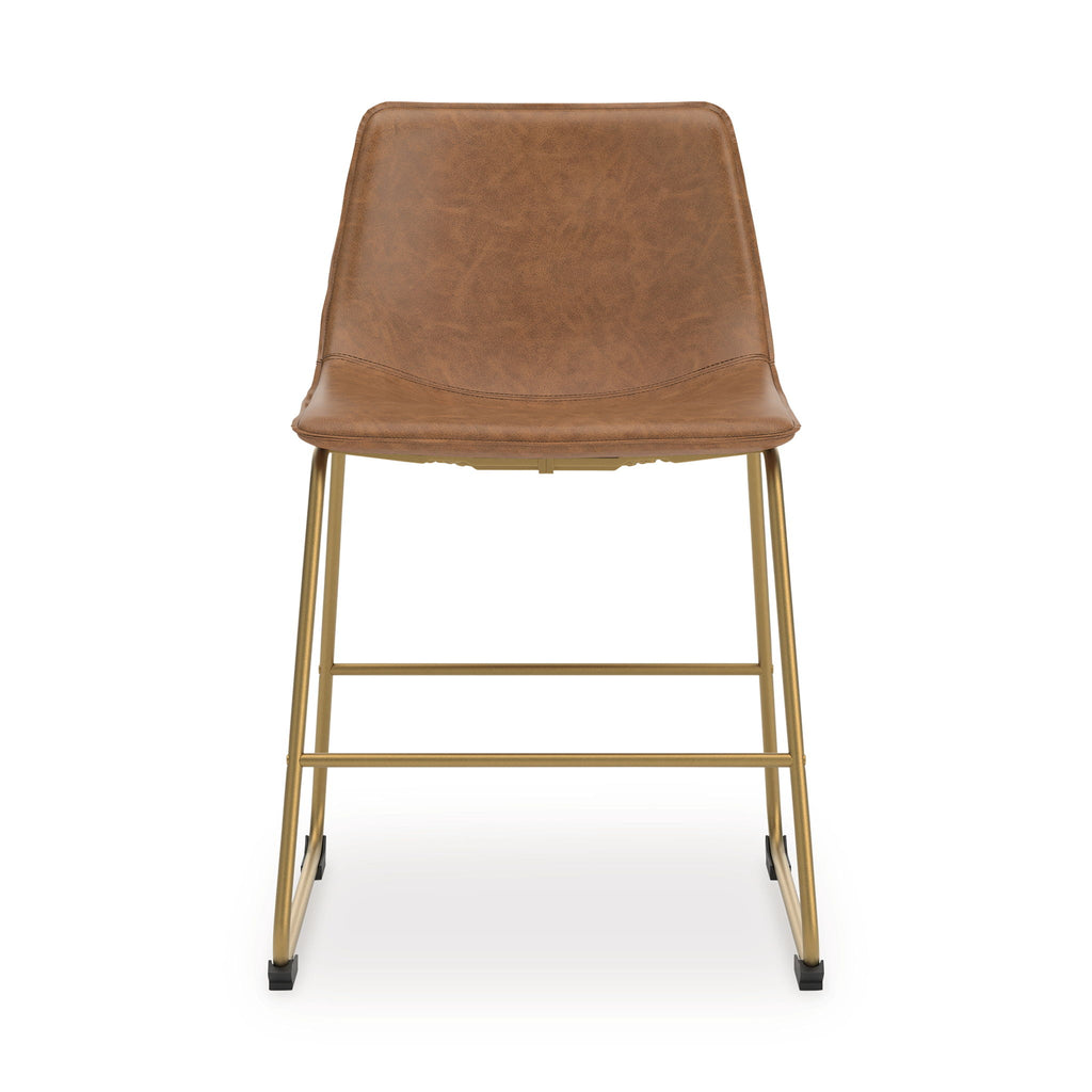 Dining side chair with tan upholstered seat and back, gold metal frame, black feet