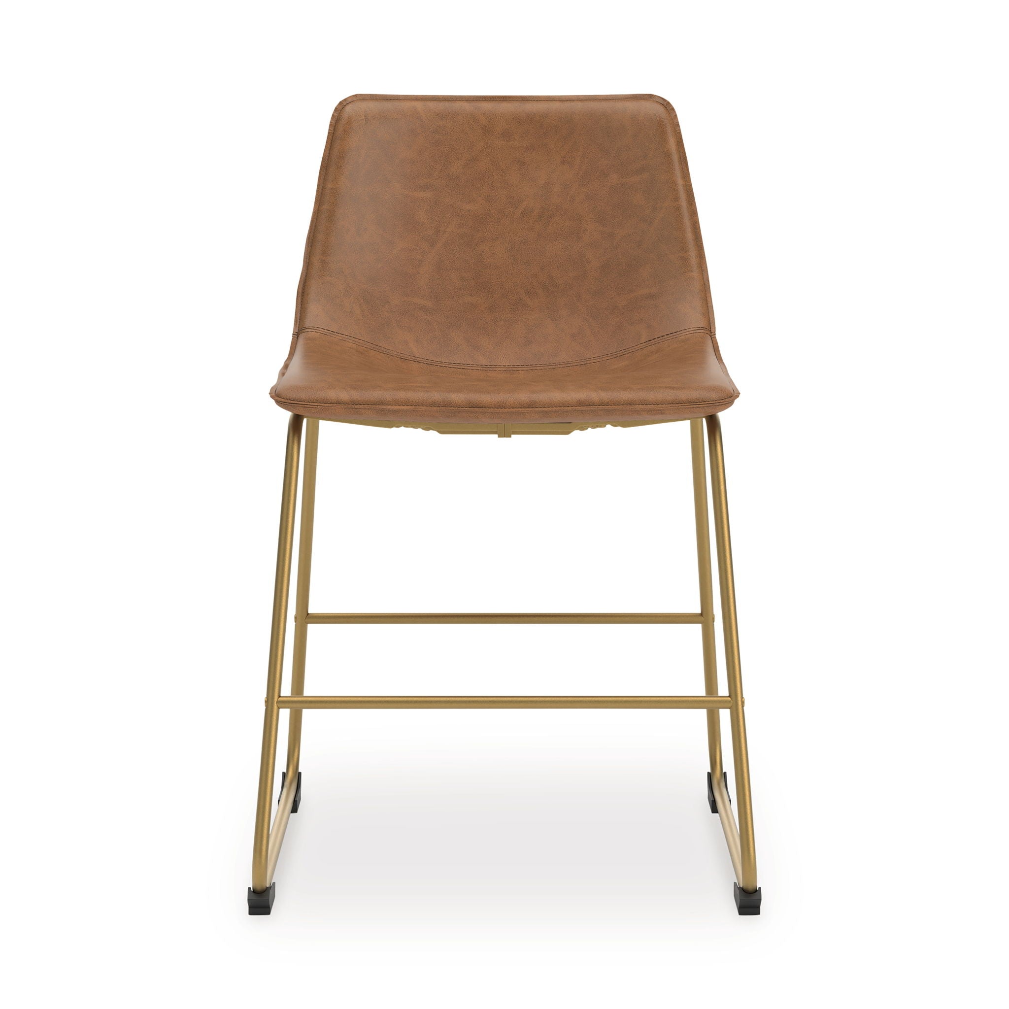 Dining side chair with tan upholstered seat and back, gold metal frame, black feet