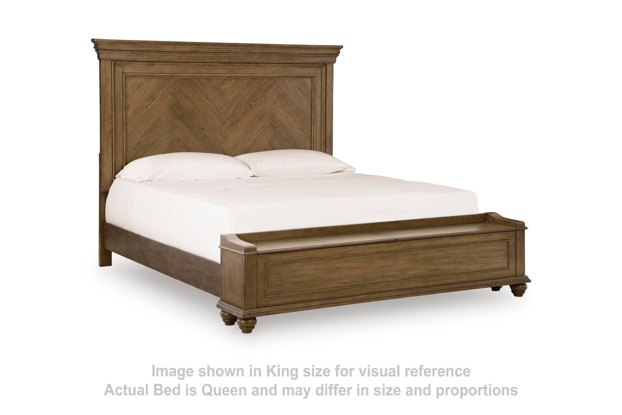 Dark brown panel storage bed with panel headboard and raised base frame