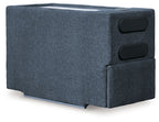 Ink blue fabric console with two speaker openings on front end panel