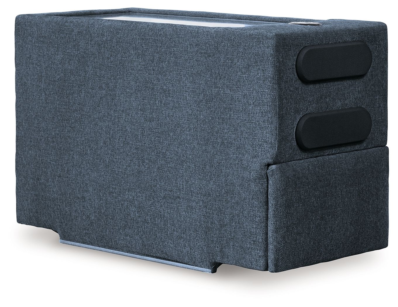 Ink blue fabric console with two speaker openings on front end panel