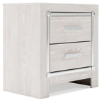 White two-drawer night stand with chrome bar handles and wood-grain sides