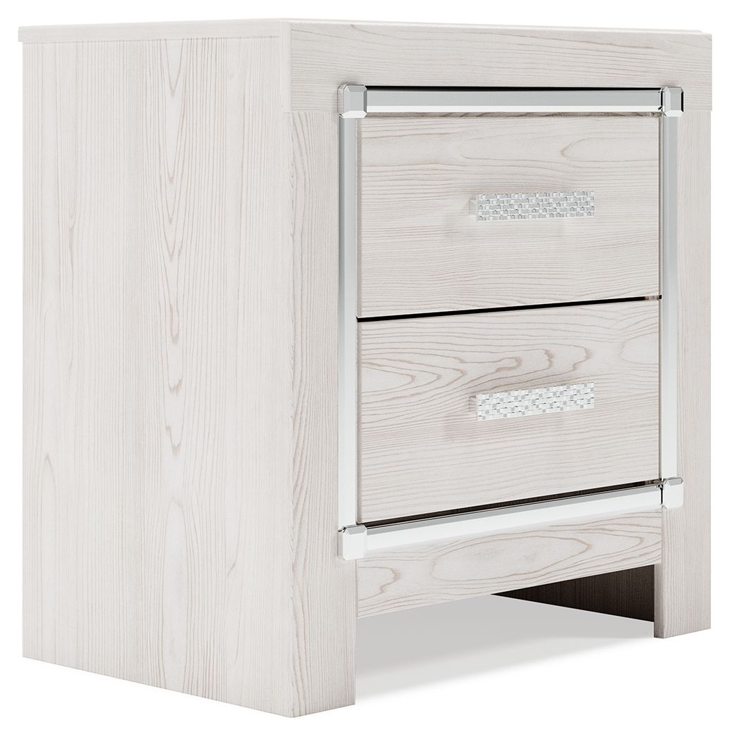 White two-drawer night stand with chrome bar handles and wood-grain sides