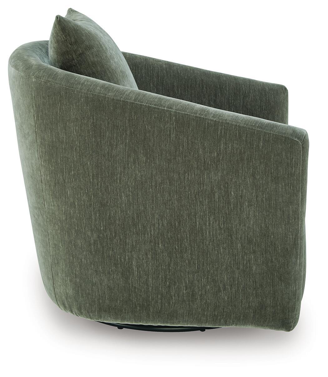 Loden green swivel accent chair, side view with tall back and thick seat