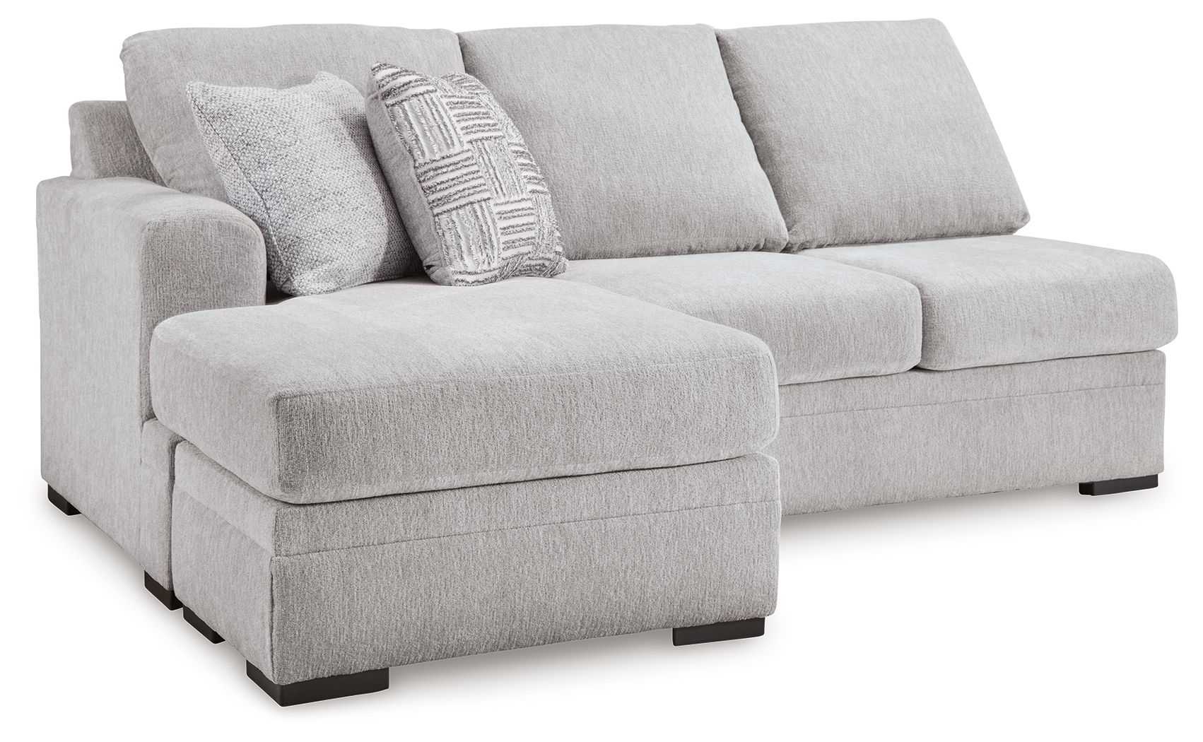 Light gray fabric sofa chaise with chaise ottoman and two back cushions