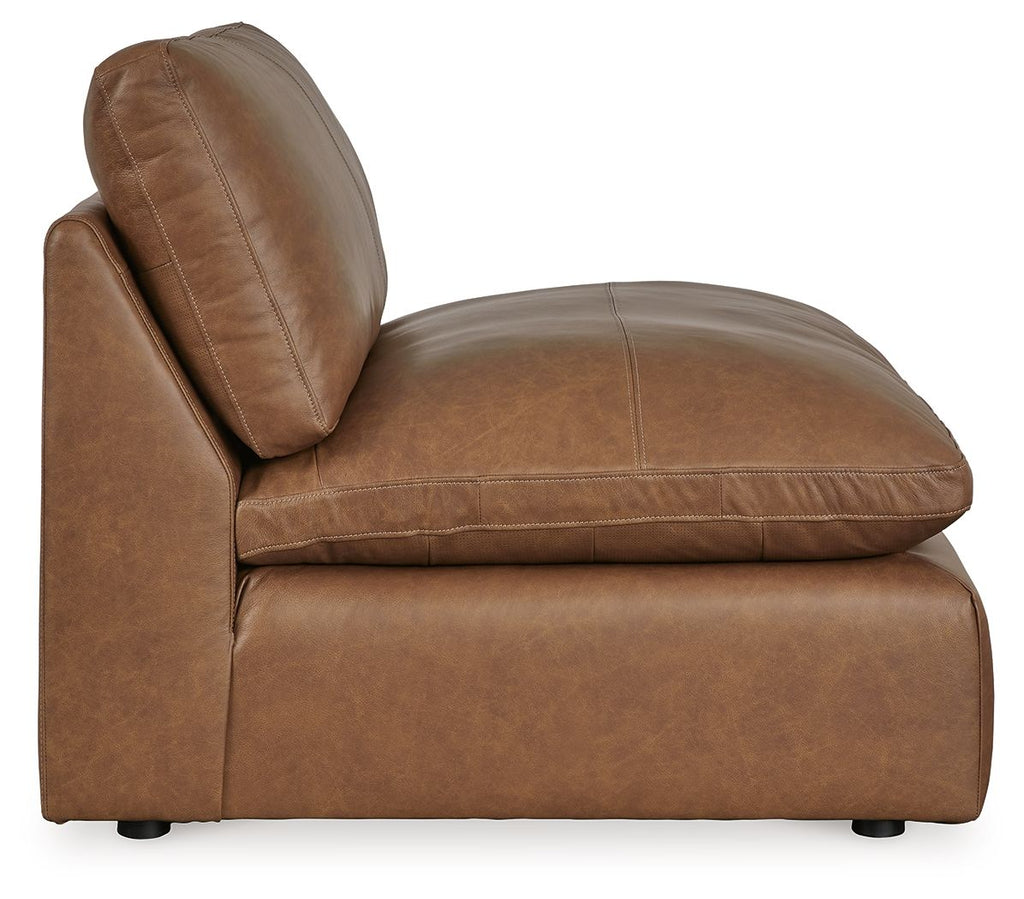 Caramel armless chair with rounded back and cushioned seat, faux leather