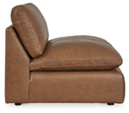 Caramel armless chair with rounded back and cushioned seat, faux leather