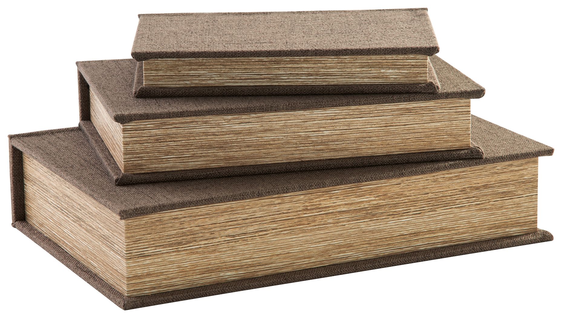 Decorative box set with stacked taupe fabric lids and wood-textured sides.
