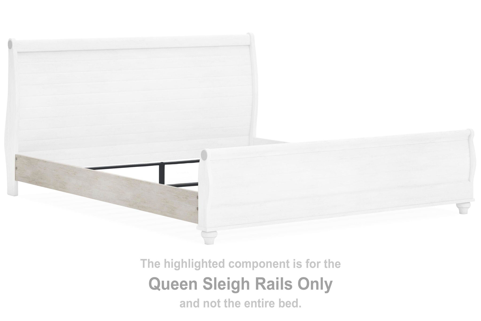 Whitewash queen sleigh bed rails with faux plank design