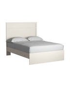 White panel bed frame with gray mattress and two pillows