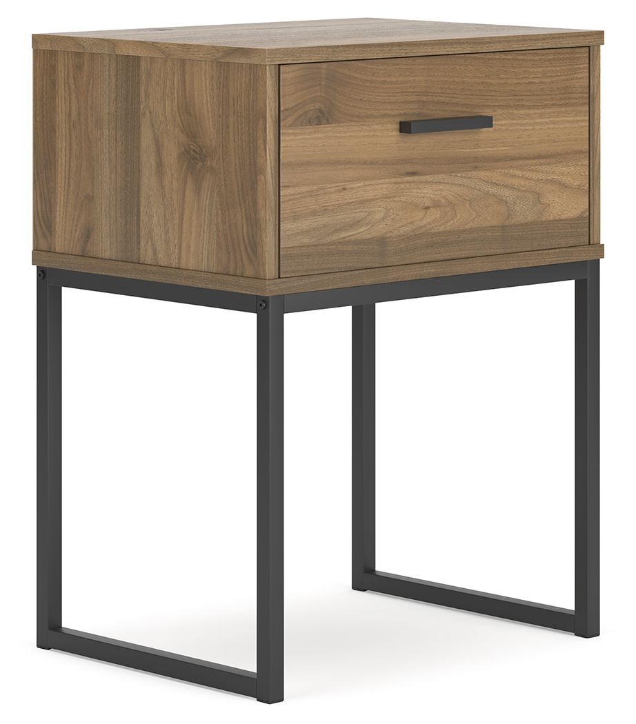 Honey one-drawer night stand with black metal legs and single front bar pull