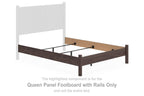 Brown queen panel footboard with rails and metal supports