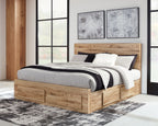 Beige storage bed with front drawer storage and white bedding