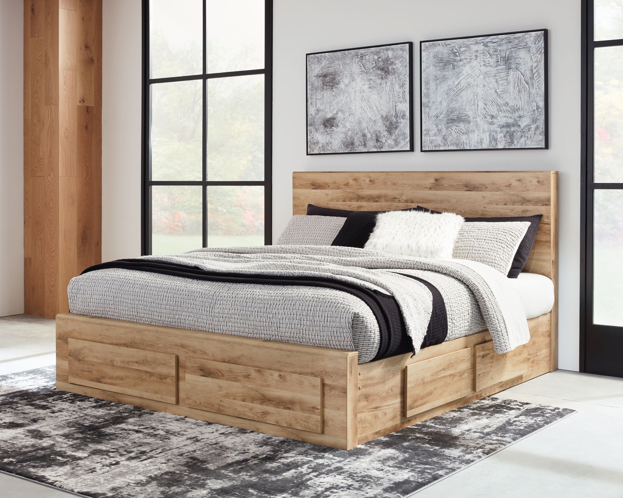 Beige storage bed with front drawer storage and white bedding