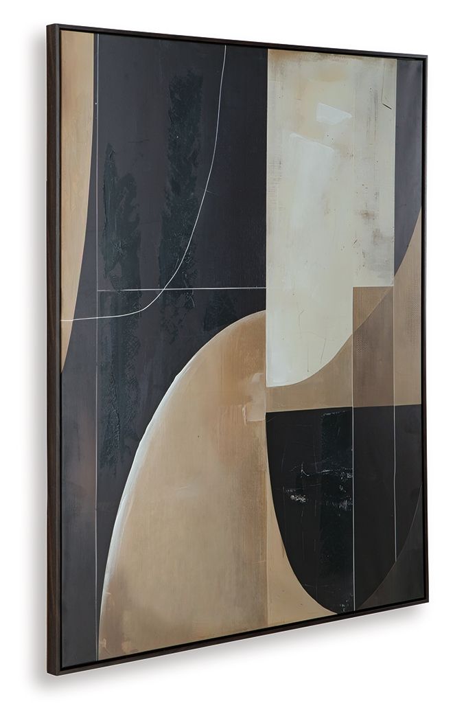 Framed abstract wall art with dark black-blue sections, tan arcs, and cream rectangle shapes
