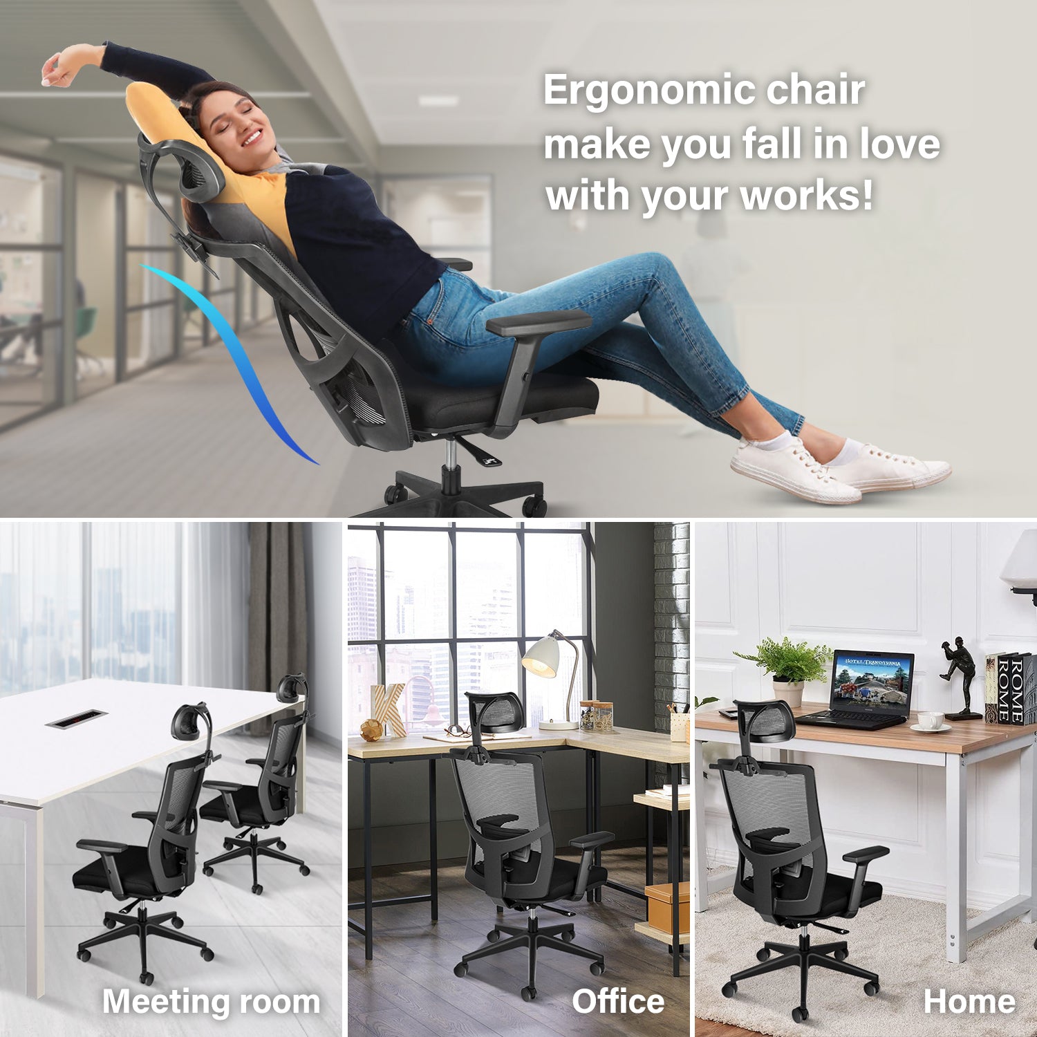 Ergonomic Mesh Office Chair w/ Lumbar Support, Arms & Wheels - Black