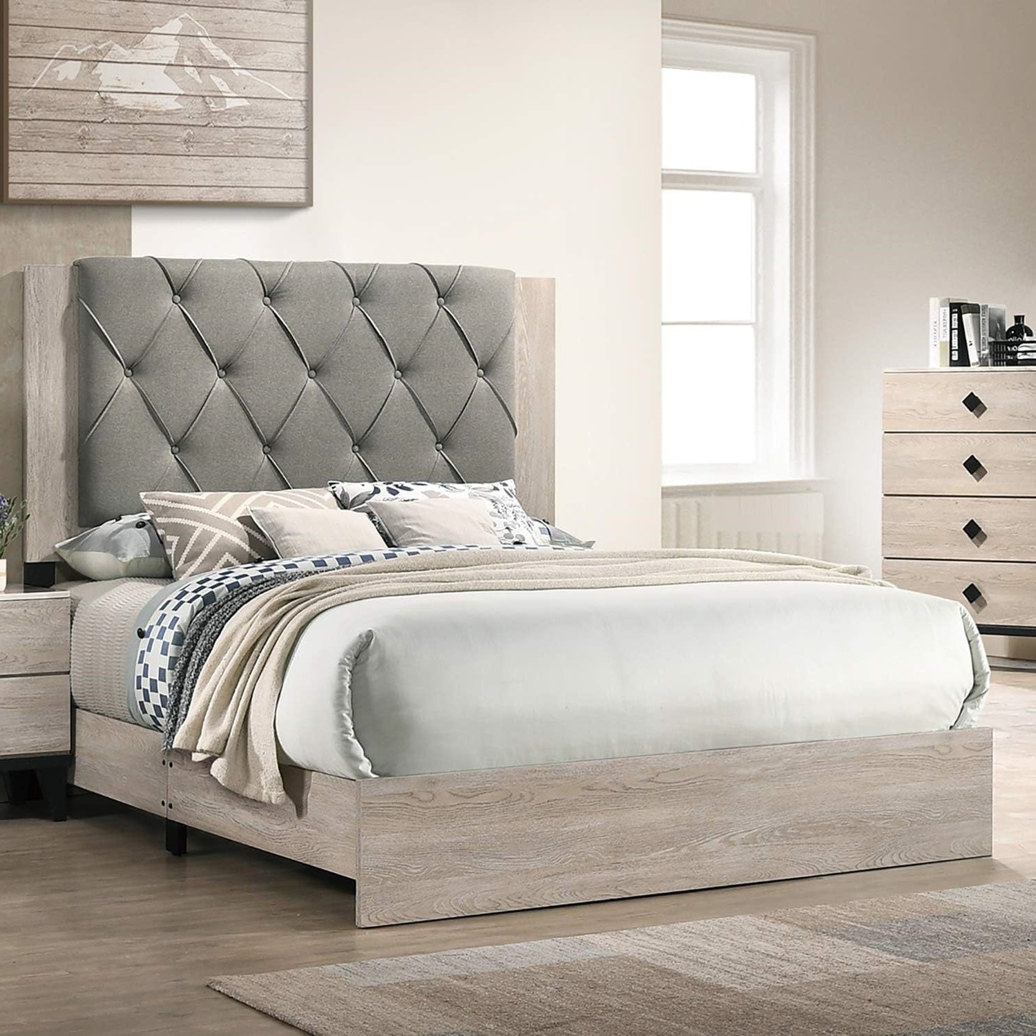 Rubberwood Contemporary Cream Eastern King Bed w/ Gray Tufted Headboard