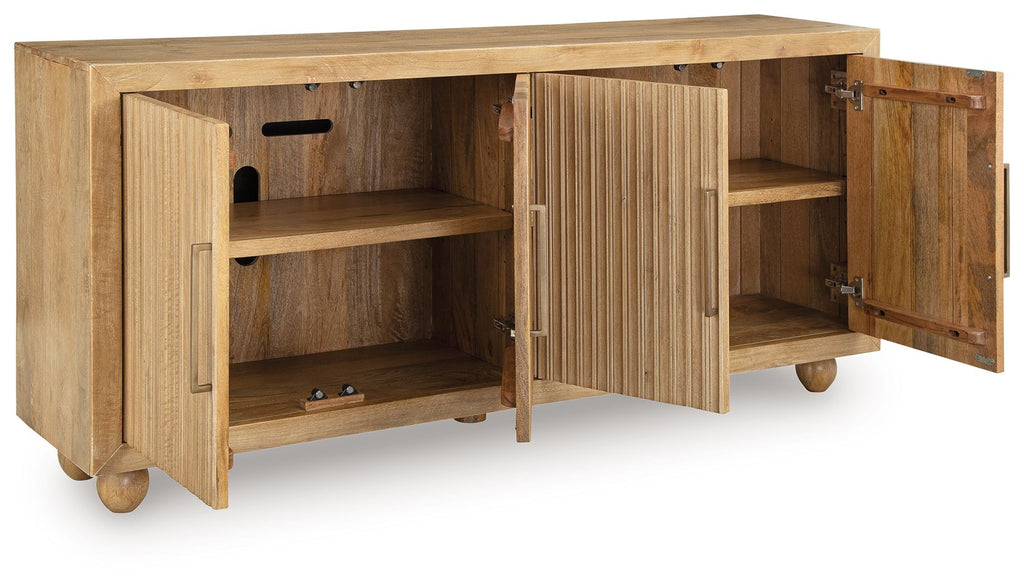 Accent cabinet with open double doors showing two shelves and dark metal handles