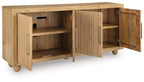 Accent cabinet with open double doors showing two shelves and dark metal handles