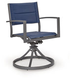 Swivel patio chair with blue sling seat, gray arms, and round rotating base