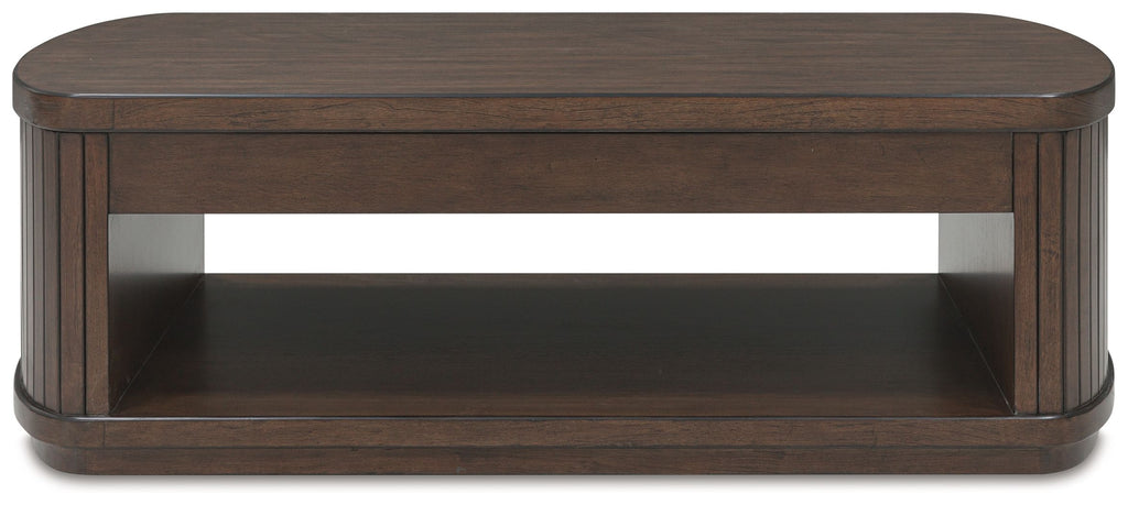 Dark brown lift-top cocktail table with rectangular open shelf and rounded top