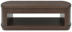 Dark brown lift-top cocktail table with rectangular open shelf and rounded top