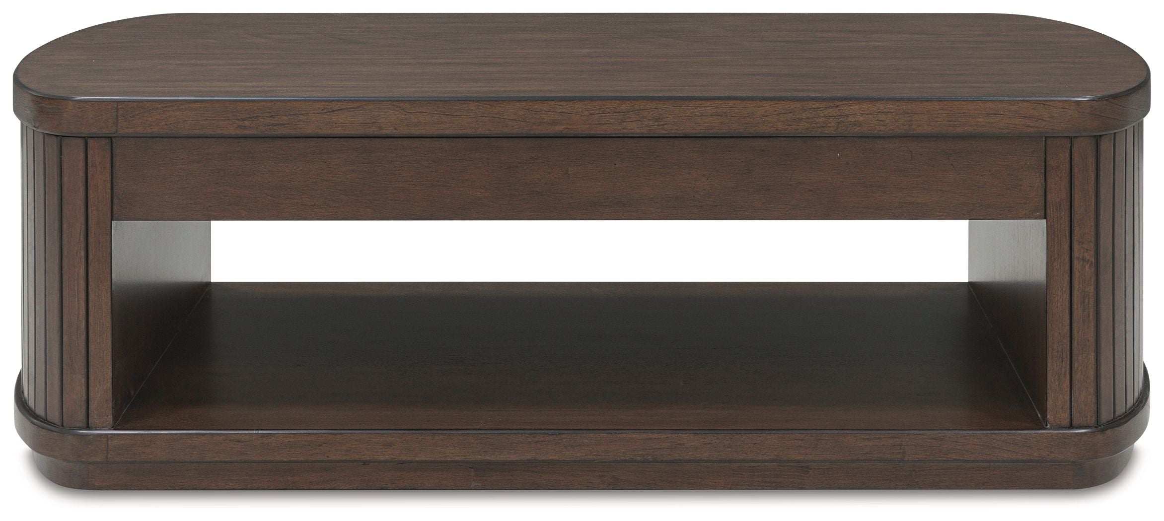Dark brown lift-top cocktail table with rectangular open shelf and rounded top