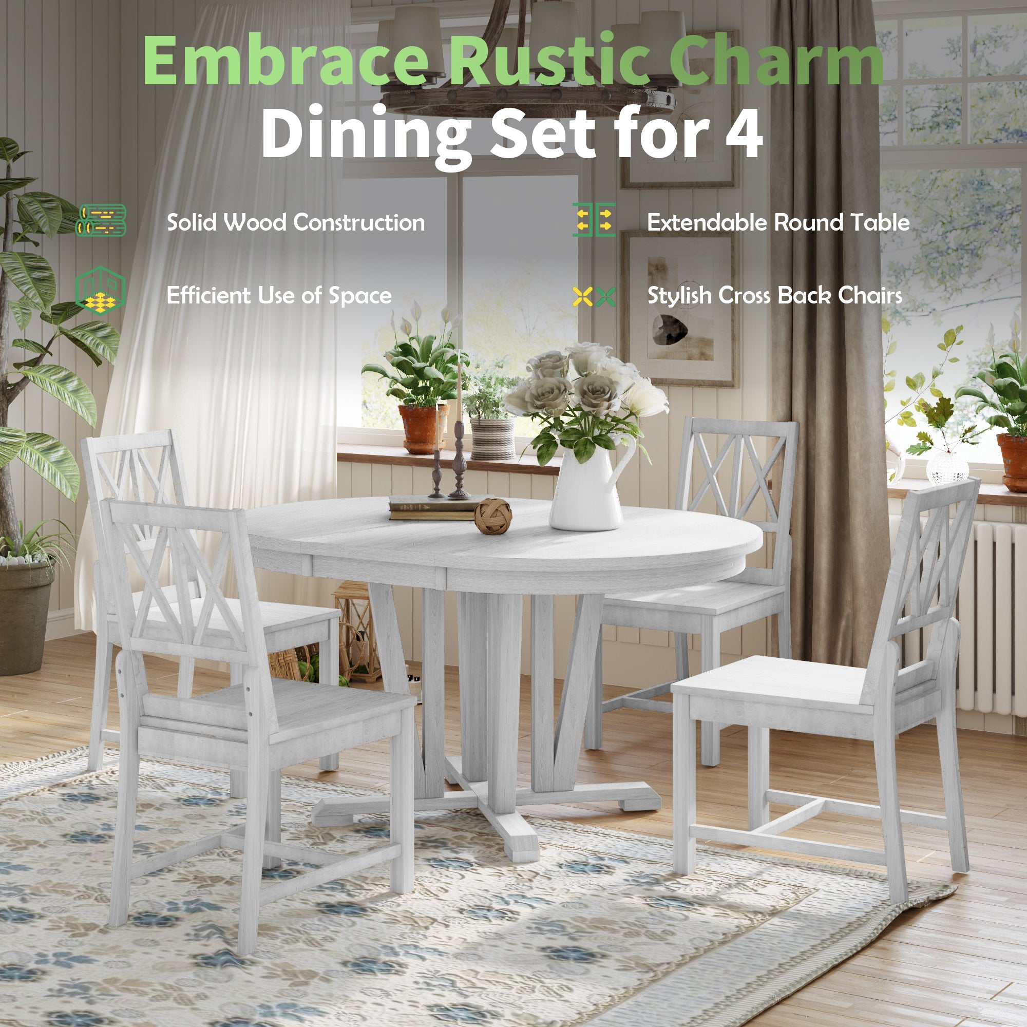 Rustic Round Dining Table Set - 5 Piece Gray