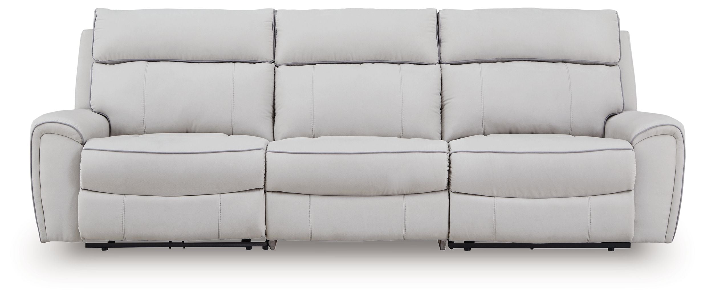 Light gray reclining sectional sofa with padded arms and three back cushions