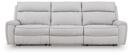 Light gray reclining sectional sofa with padded arms and three back cushions