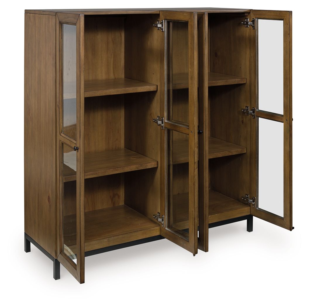 Gray-brown accent cabinet with open doors, hinges, and three visible shelves per side