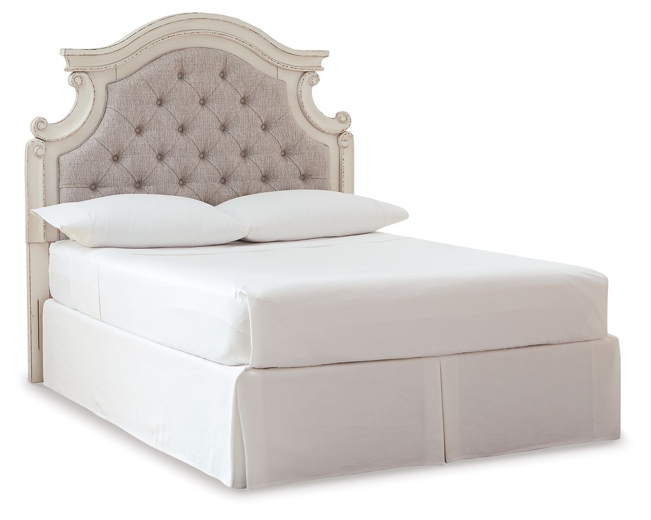 Chipped white upholstered headboard with tufted pattern, paired with white bed frame
