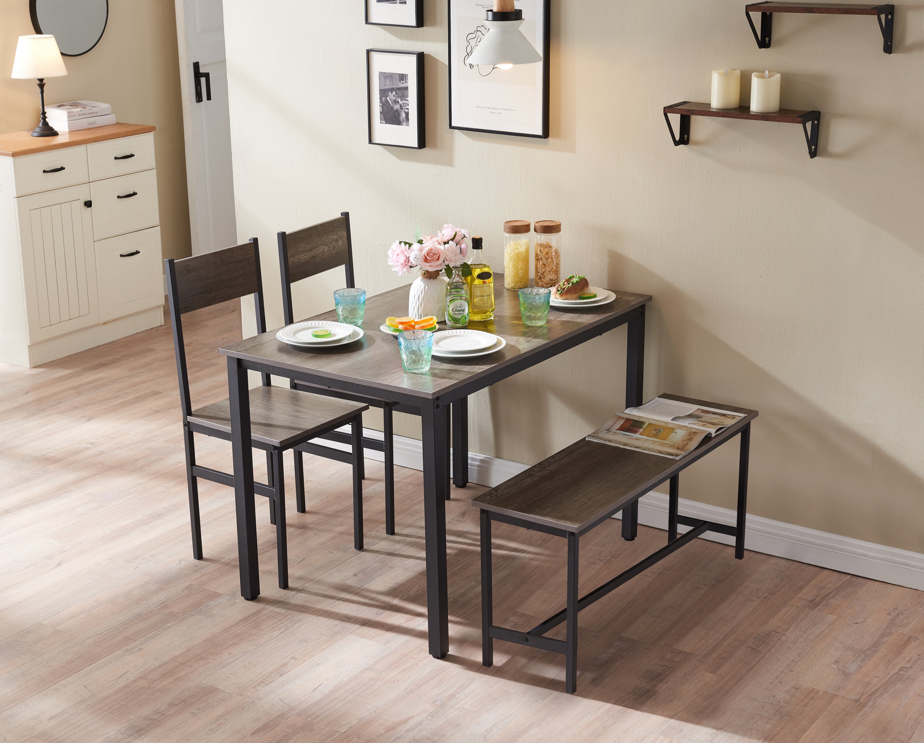 Dining Table Set for 4 w/ Bench, Metal Frame