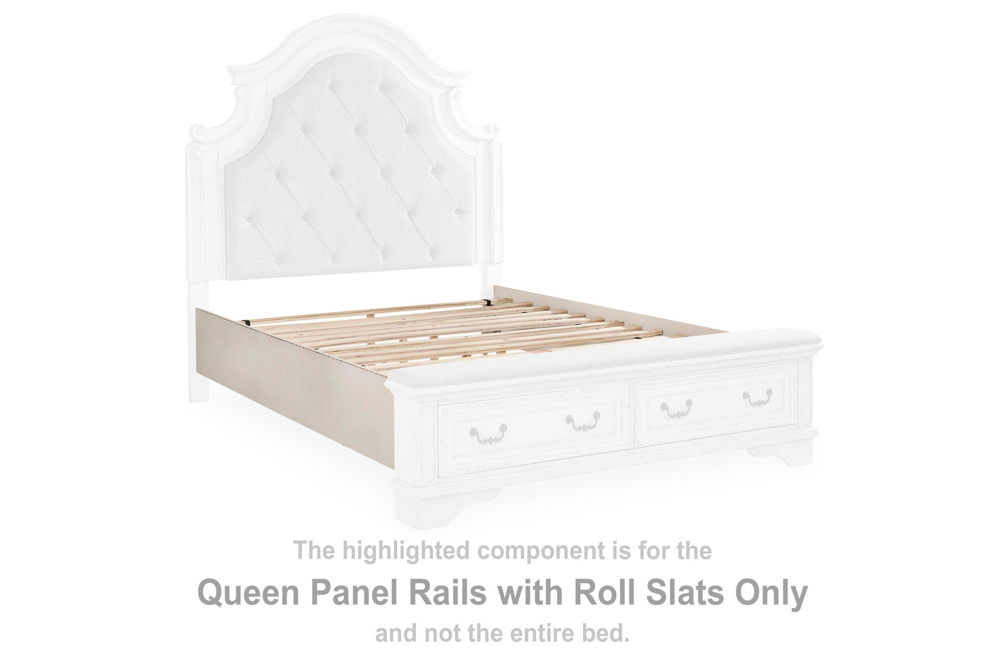 Realyn queen panel bed rails with roll slats, chipped white, tufted headboard