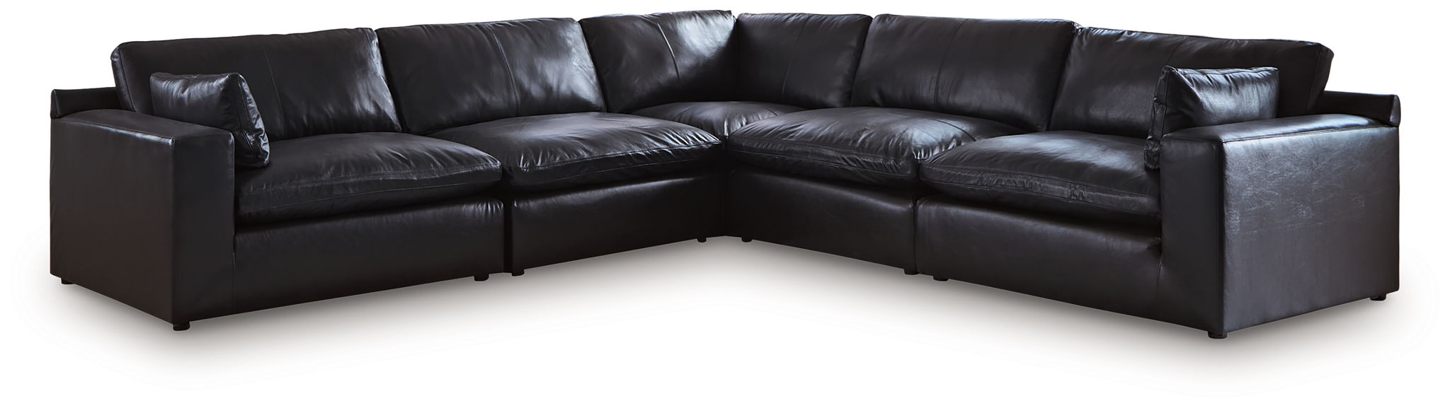 Black leather-look sectional sofa with corner connection and wide chaise armrests