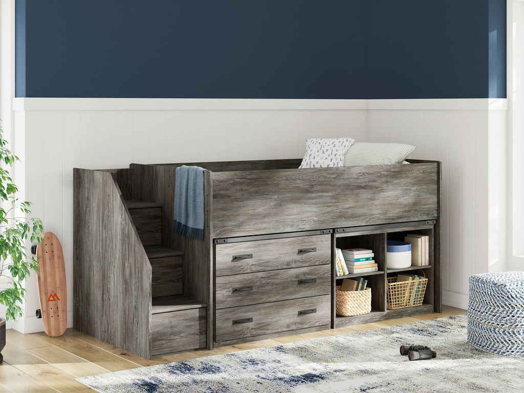 Gray loft bed with built-in drawers and open shelving, steps on the left side