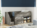 Gray loft bed with built-in drawers and open shelving, steps on the left side