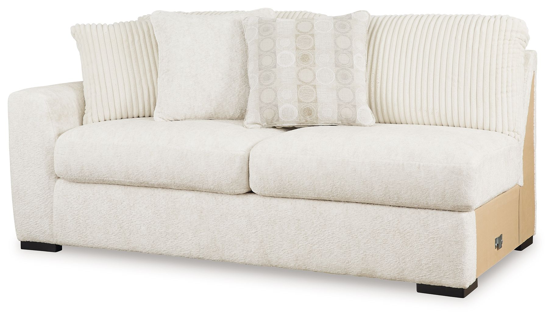 Light ivory fabric sofa with two seat cushions, ribbed armrests, and patterned back pillows
