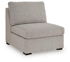 Flint armless chair with rounded back, gray fabric seat, and black legs