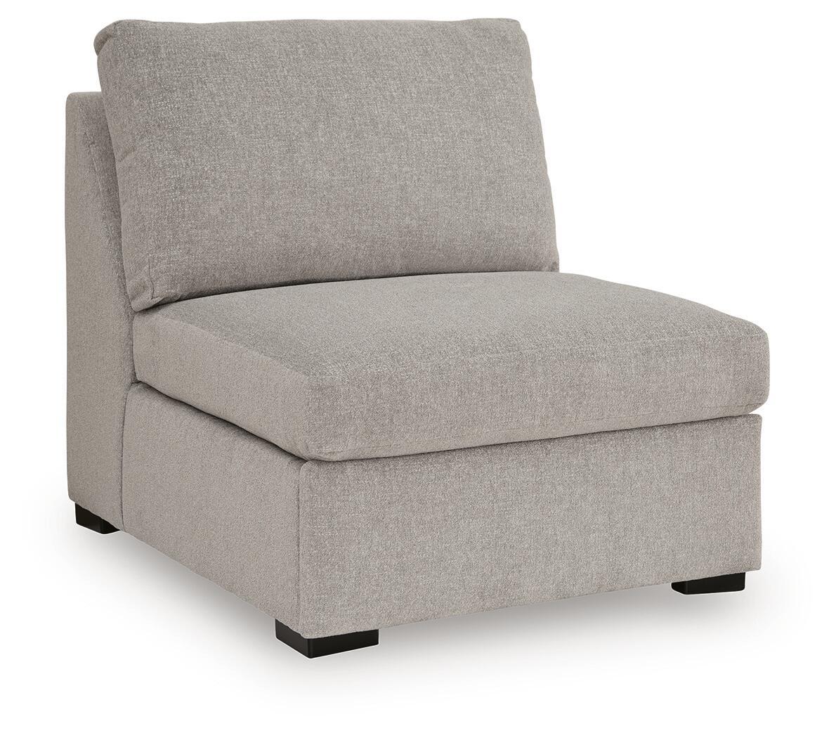 Flint armless chair with rounded back, gray fabric seat, and black legs