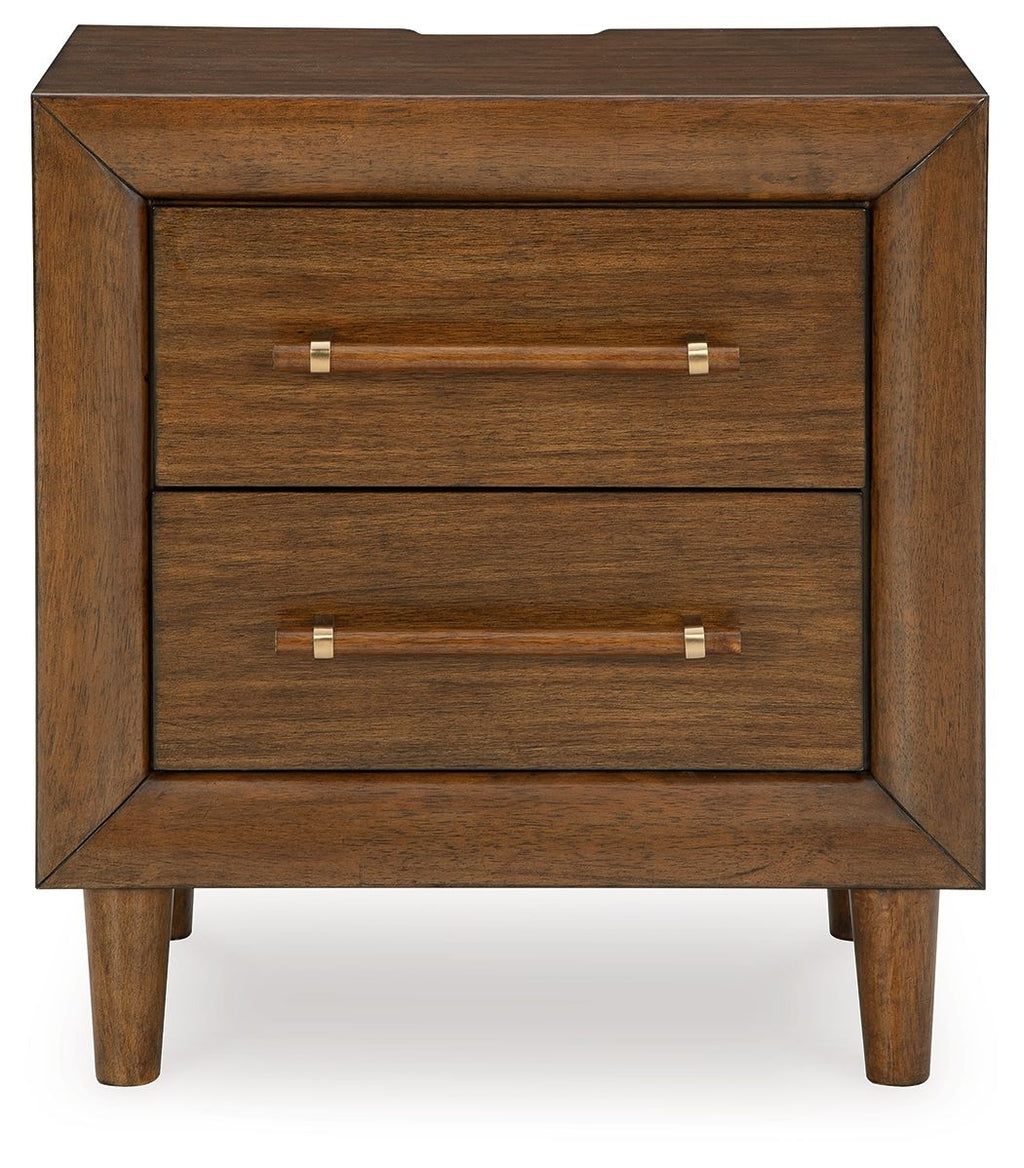 Brown two-drawer nightstand with two drawers and metal bar handles