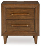 Brown two-drawer nightstand with two drawers and metal bar handles